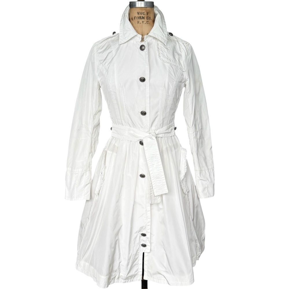 Ermanno Scervino Street White Ruffle-Trim Luxury Trench Coat Size 8